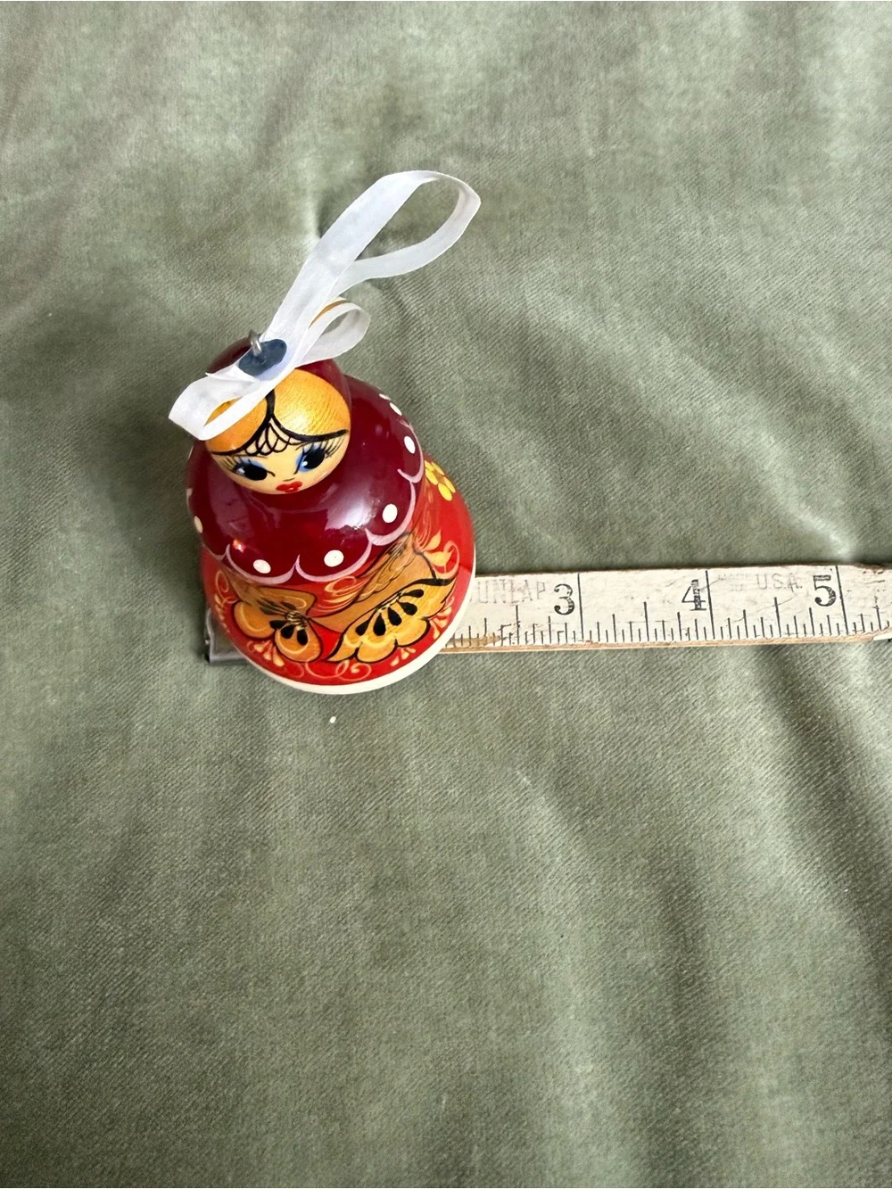 Vintage Hand-Painted Russian Roly Poly Doll Bell Ornament in Red and Gold #